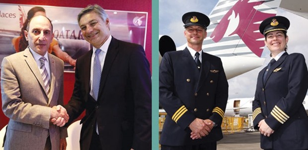 Al-Baker with Ray Conner, president and CEO of Boeing Commercial Airplanes. Right: Qatar Executive pilots at the Singapore Airshow.