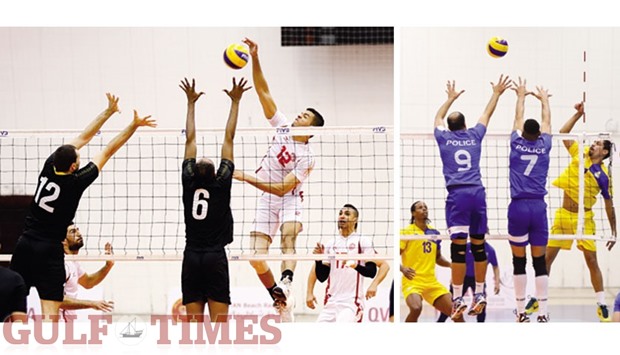 An Al Arabi player (in white) smashes during the Qatar Volleyball League game against Qatar Sports Club at Al Arabi Indoor Hall here yesterday. Arabi won the match 3-0 (25-16, 27-25, 25-20). Right: Action from the other match of the day between Al Gharafa (in yellow) and Police (in blue). Police won 3-0 (25-23, 25-21, 25-19). PICTURES: Jayaram
