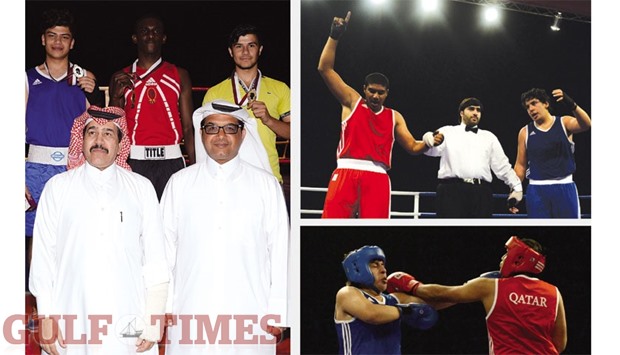 Qatar Boxing Federation president Yousuf Ali al-Kazim with some of the winners on the podium at the Doha Boxing Open Championships in Katara. PICTURES: Mamdouh