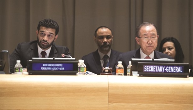 SC secretary general Hassan al-Thawadi delivers his speech as UN secretary general Ban Ki-moon looks on.