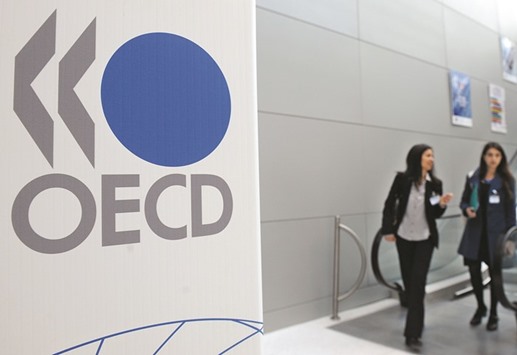The Organisation of Economic Cooperation and Development (OECD) logo is seen at its headquarters in Paris. Global growth of gross domestic product (GDP) for 2016 is now projected at 3.0%, down from a previous forecast of 3.3%, as financial instability, sluggish demand and weak investment take their toll, the OECD said.
