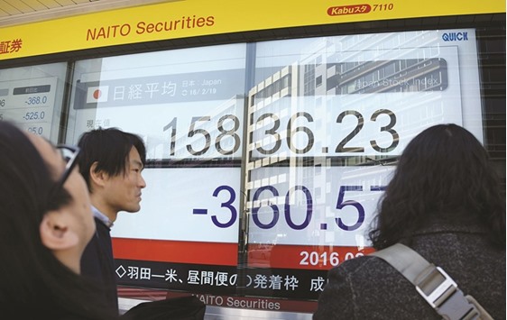 Pedestrians look at a share prices board in Tokyo. The Nikkei 225 closed down 1.42% at 15,967.17 points yesterday.