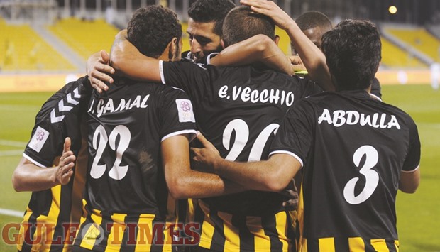 Qatar SC players celebrate a goal against Ahli yesterday. Lazaroniu2019s boys won the match 3-2.