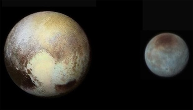 A colored image of Pluto (left) and Charon (right)