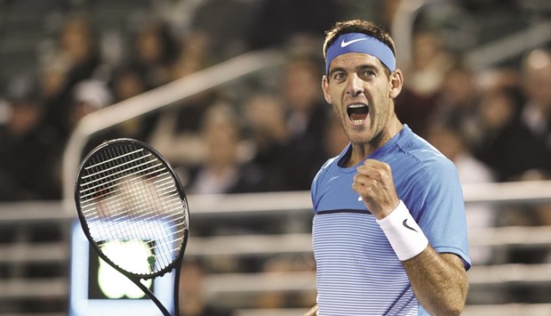 Argentinau2019s Juan Martin del Potro yells after winning match point against Franceu2019s Jeremy Chardy in their quarter-final match at the Delray Beach Open tennis tournament in Delray Beach, Florida. (Reuters)