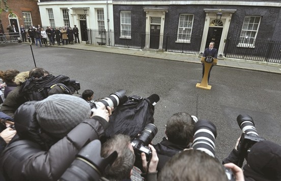 Prime minister David Cameron speaks outside 10 Downing Street in London yesterday.