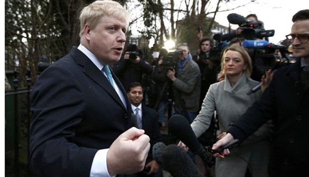 London Mayor Boris Johnson speaks to the media in front of his home in London on Sunday