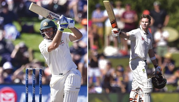 Joe Burns and Steve Smith (right) capitalised on perfect batting conditions to score centuries as Australia reduced New Zealandu2019s lead to just seven runs at the end of Day 2 of the second Test yesterday. (AFP)