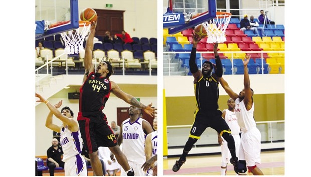 Al Rayyanu2019s Quintin Immanuel goes for a dunk against Al Khor at the Al Gharafa Indoor hall. At right, QSCu2019s Anthony White attempts to score.