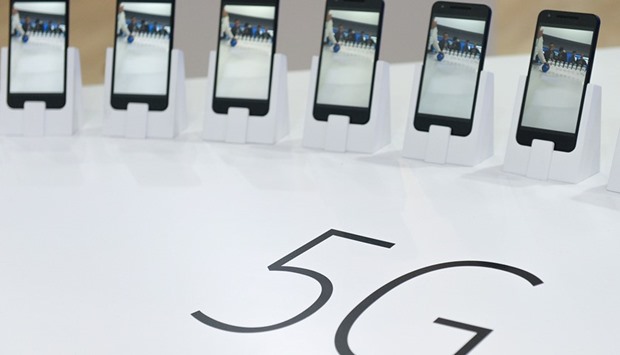 Mobile phones with 5G are displayed at the Mobile World Congress in Barcelona. The worldu2019s biggest mobile fair ends tomorrow after opening on February 22.