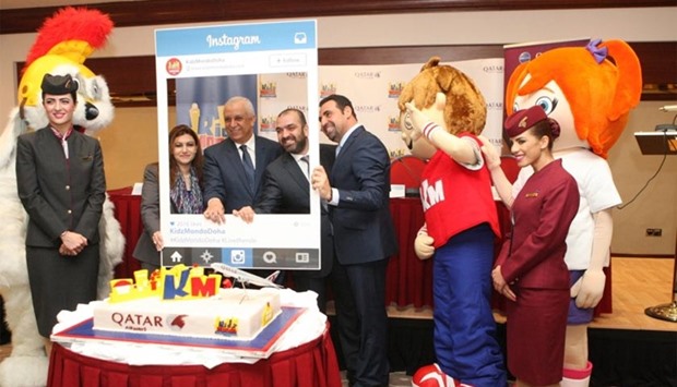 KidzMondo and Qatar Airways officials, together with mascots, at the partnership announcement ceremony on Wednesday. PICTURE: Nasar TK.