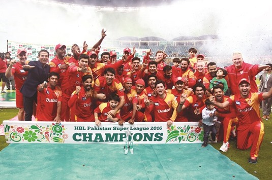 WINNERS: Islamabad United players pose after winning the inaugural Pakistan Super League title in Dubai on Tuesday.