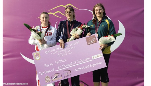 ON THE PODIUM: Womenu2019s trap gold medallist Italyu2019s Jessica Rossi (centre) with silver winner Ekaterina Rabaya of Russia (left) and bronze medallist Catherine Skinner of Australia. Rossi also won the gold at the 2012 London Olympic Games.