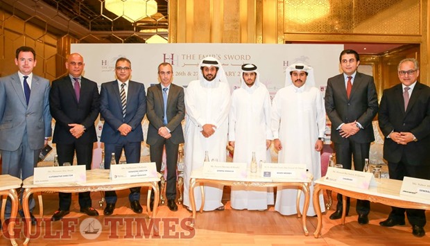 Qatar Racing and Equestrian Club general manager Nasser Sherida al-Kaabi (centre) with the sponsors of the HH The Emiru2019s Sword Festival. PICTURES: Juhaim