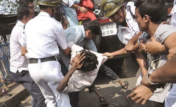 Leftist student unions clash with police during a protest rally against the West Bengal government in Kolkata yesterday.