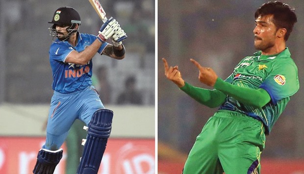 Virat Kohli (left) rescued India with a fluent 49 after Pakistan pacer Mohamed Amiru2019s three-wicket burst, in their Asia Cup clash in Dhaka yesterday. (AFP)