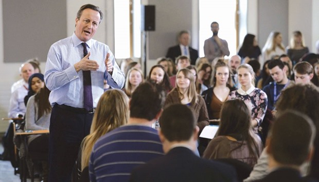 Prime Minister David Cameron holds a question and answer session with students at University Campus Suffolk in Ipswich. Britain will hold a referendum on European Union membership on June 23.