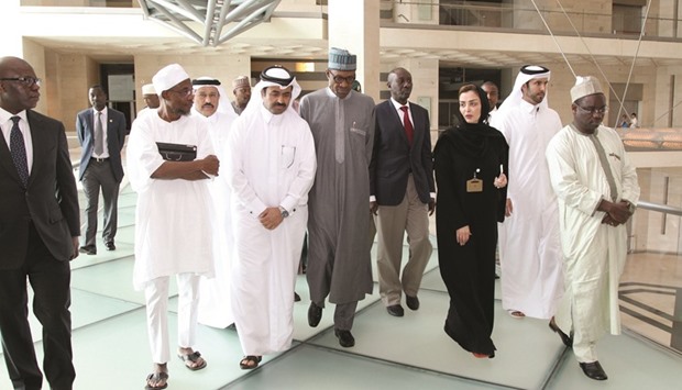 Nigerian President Muhammadu Buhari, accompanied by HE the Minister of Energy and Industry Dr Mohamed bin Saleh al-Sada, visiting the Museum of Islamic Art yesterday.