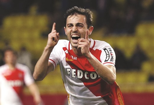 Monacou2019s Bernardo Silva reacts after scoring against Bastia.