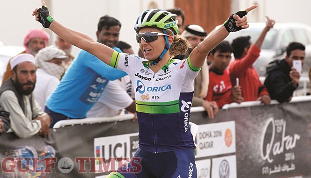 Katrin Garfoot of Orica-GreenEdge celebrates after winning the second stage of the Ladies Tour of Qatar at Al Khor Corniche yesterday. PICTURES Jayaram