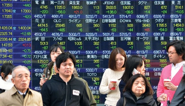Pedestrians walk past a share prices board in Tokyo. The Nikkei 225 closed down 3.2% at 17,191.25 points yesterday.