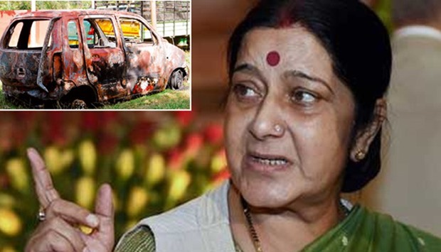 India Foreign Minister Sushma Swaraj (inset) the attacked car