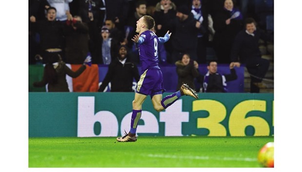 Leicester Cityu2019s English striker Jamie Vardy celebrates after scoring against Liverpool on Tuesday.
