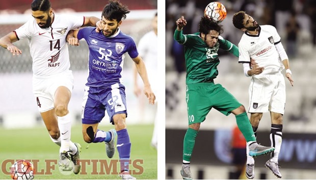 El Jaishu2019s Mohamed Abdula Methnani (left) scored the second goal of his team against Al Kharaitiyat yesterday. Right: Action from the match between Al Ahli (in green) and Al Sadd yesterday. The two teams played out a 1-1 draw. PICTURES: Noushad Thekkayil