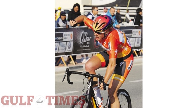 Boels Dolmans rider Eleonora Van Dijk celebrates as she crosses the finish line to win the third stage of the Ladies Tour of Qatar yesterday. PICTURES: Jayaram