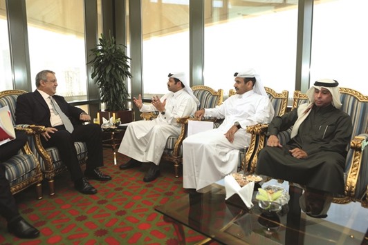 Minister of Energy and Industry HE Dr Mohamed bin Saleh al-Sada meets Venezuelan Oil Minister Eulogio del Pino in Doha yesterday.
