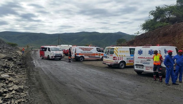 Rescue vehicles stand by at the scene of the Lily mine collapse near Barberton on Friday.