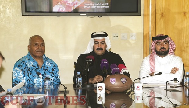 Qatar Rugby Federation president Yousef al-Kuwari (centre), general secretary Ali al-Malki (right) and national team coach Usaia Bimaiwai during a press conference on Thursday.