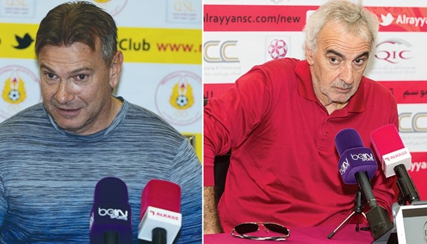 Mesaimeer coach Rodion Gacanin (L) & Rayyan coach Jorge Fossati.