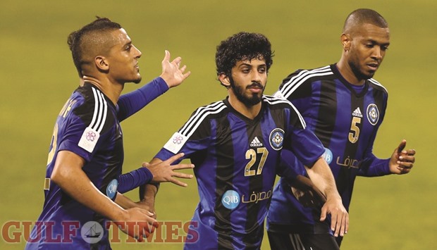 Al Sailiya striker Faouzi Aaish (left) scored twice in his teamu2019s shock 3-2 win over defending champions Lekhwiya yesterday in their QSL match.