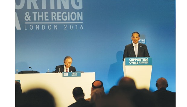 HE Sheikh Mohamed bin Abdulrahman al-Thani addressing the Supporting Syria and the Region Conference  in London on Thursday.