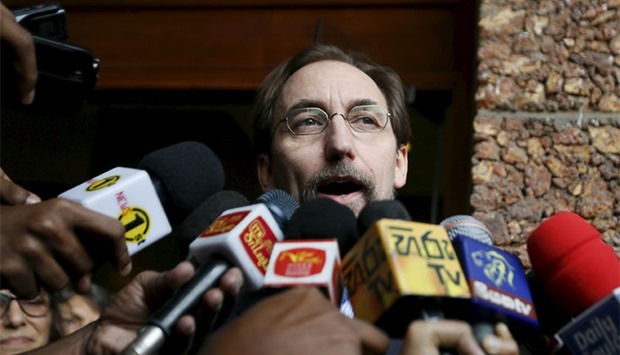 United Nations (UN) High Commissioner for Human Rights Zeid Ra'ad Al Hussein speaks to the media before he leaves his hotel to meet Sri Lankan politicians and diplomats in Colombo. Reuters