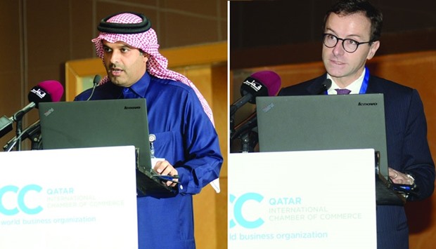 Qatar International Centre for Conciliation and Arbitration (QICCA) board member Sheikh Thani bin Ali al-Thani (L) and ICC Court secretary general Andrea Carlevaris(R) speak at the conference. PICTURE: Noushad Thekkayil