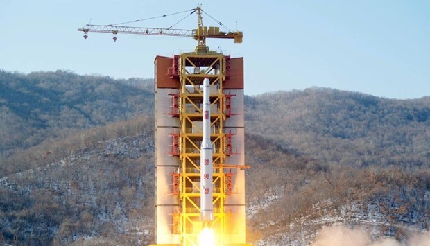 A North Korean long-range rocket is launched into the air at the Sohae rocket launch site, North Korea, on Sunday.