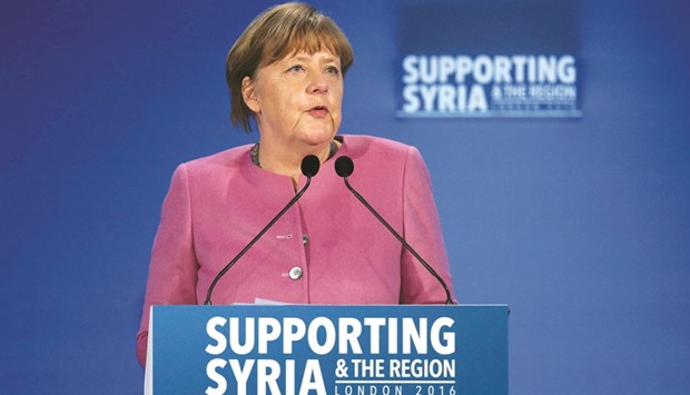 German Chancellor Angela Merkel speaking at the donors Conference for Syria in London recently. To maintain a broader international footprint, Germany will require co-operation with allies and partners around the world.
