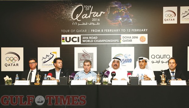 Qatar Cycling Federation president Sheikh Khalid bin Ali al-Thani (third from right), former Tour de France champion Eddy Merckx (third from left) and other officials address a press conference yesterday. PICTURE: Jayaram
