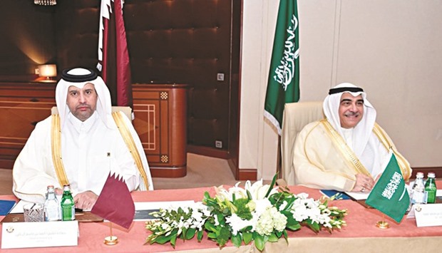 HE the Minister of Economy and Commerce Sheikh Ahmed bin Jassim bin Mohamed al-Thani with Saudi Minister of Economy and Planning Adel bin Mohamed al-Faqih in Riyadh yesterday.