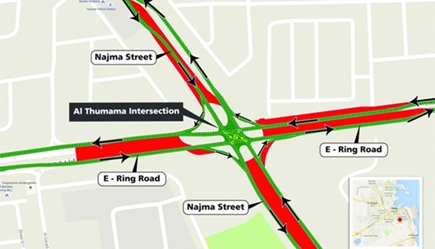 A map showing works taking place both on the E-Ring road and Najma Street, including on the medians.