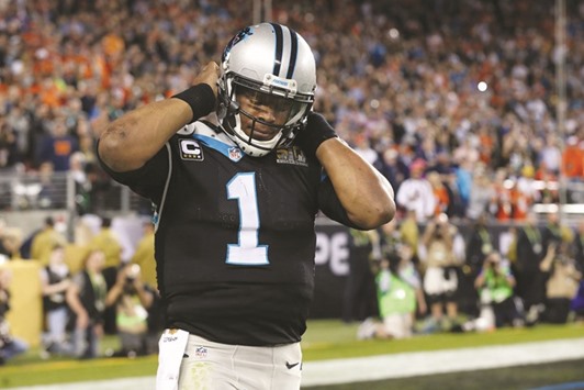 Carolina Panthers quarterback Cam Newton reacts after a play during the fourth quarter in Super Bowl 50.