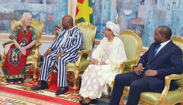 (From left) Australian Jocelyn Elliott speaks about her experience as a hostage to Burkina Fasou2019s President Roch Christian Kobore , Nigeru2019s Foreign Minister Aichatou Boulama Kane and Burkina Fasou2019s Foreign Minister Alpha Barry at the presidential palace in Ouagadougou yesterday.