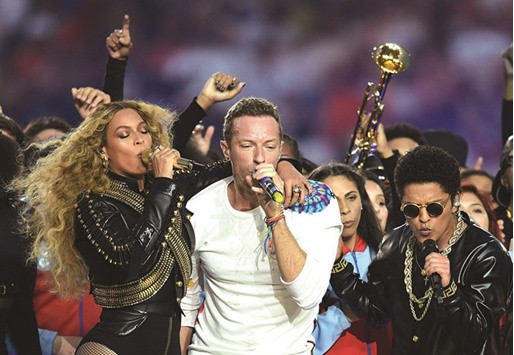 (L-R) Beyonce, Chris Martin (Cold Play lead singer) and Bruno Mars perform during Super Bowl 50 at Leviu2019s Stadium in Santa Clara.