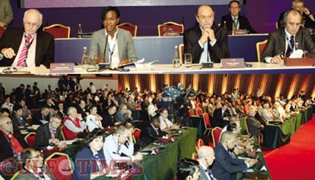 Evelyn Watta (second from left), interim secretary general of the AIPS Executive Committee, and AIPS Executive Committee president Gianni Merlo (second from right) at the 79th AIPS Congress in Doha. PICTURES: Thajudheen