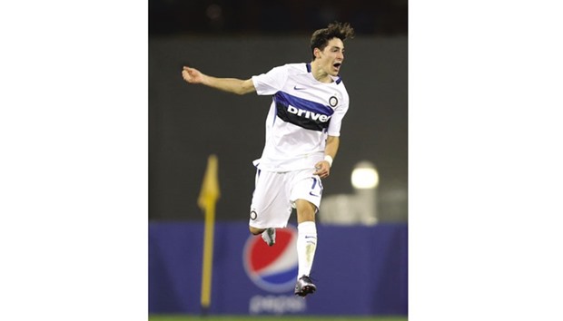 Inter Milanu2019s Pio Francesco Russo celebrates after scoring a goal against Aspire Academy yesterday.