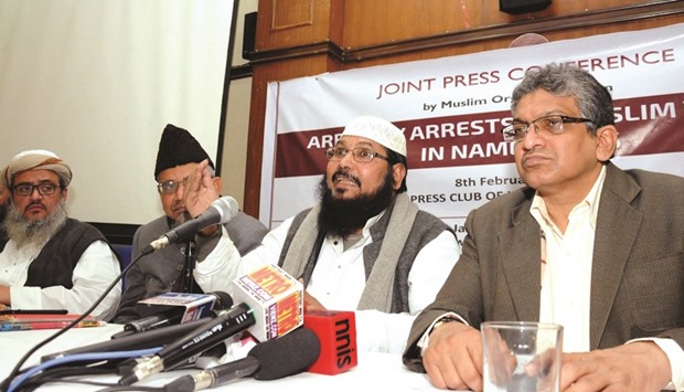 The leader of a Muslim organisation addresses a press conference during which he slammed the arbitrary arrests of Muslim youth, in New Delhi yesterday.