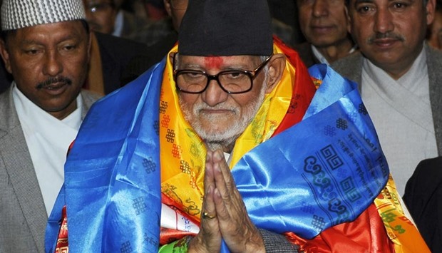 Sushil Koirala greets supporters in Kathmandu in this file photo.