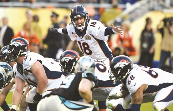 File picture of Denver Bronco Peyton Manning directing his linemen during Super Bowl 50 against the Carolina Panthers.